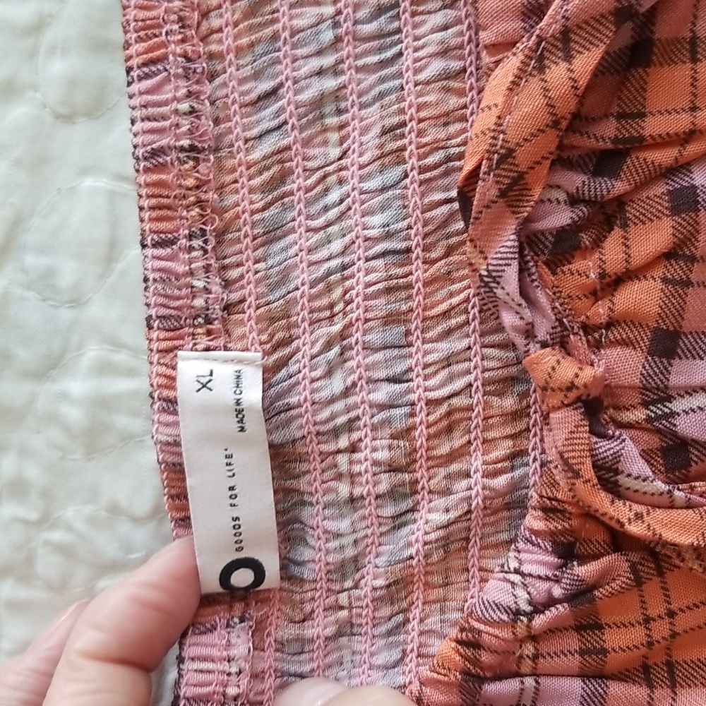 DONATED Plaid Puff Sleeve Top Pink Orange NWT - Picture 3 of 5